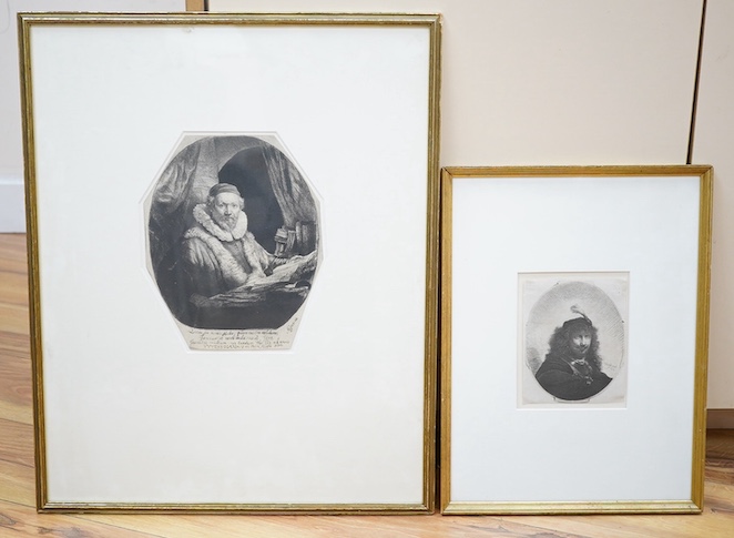 After Rembrandt (Dutch, 1606-1669), two 19th century etchings comprising Self portrait and ‘J Wtenbogaert, American preacher’, one signed in the plate, largest 23 x 18cm. Condition - fair